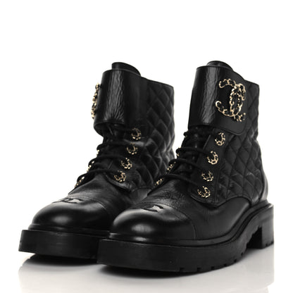 Chanel Shiny Goatskin Calfskin Quilted Lace Up Combat Boots 38.5 Black 3 of 7
