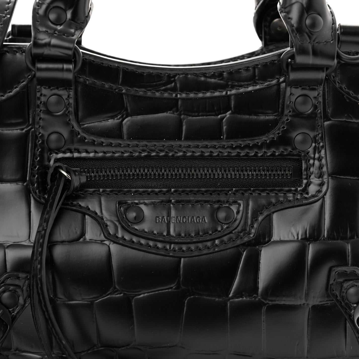 Semi Shiny Calfskin Crocodile Embossed Neo Classic Black Hardware Mini City Black