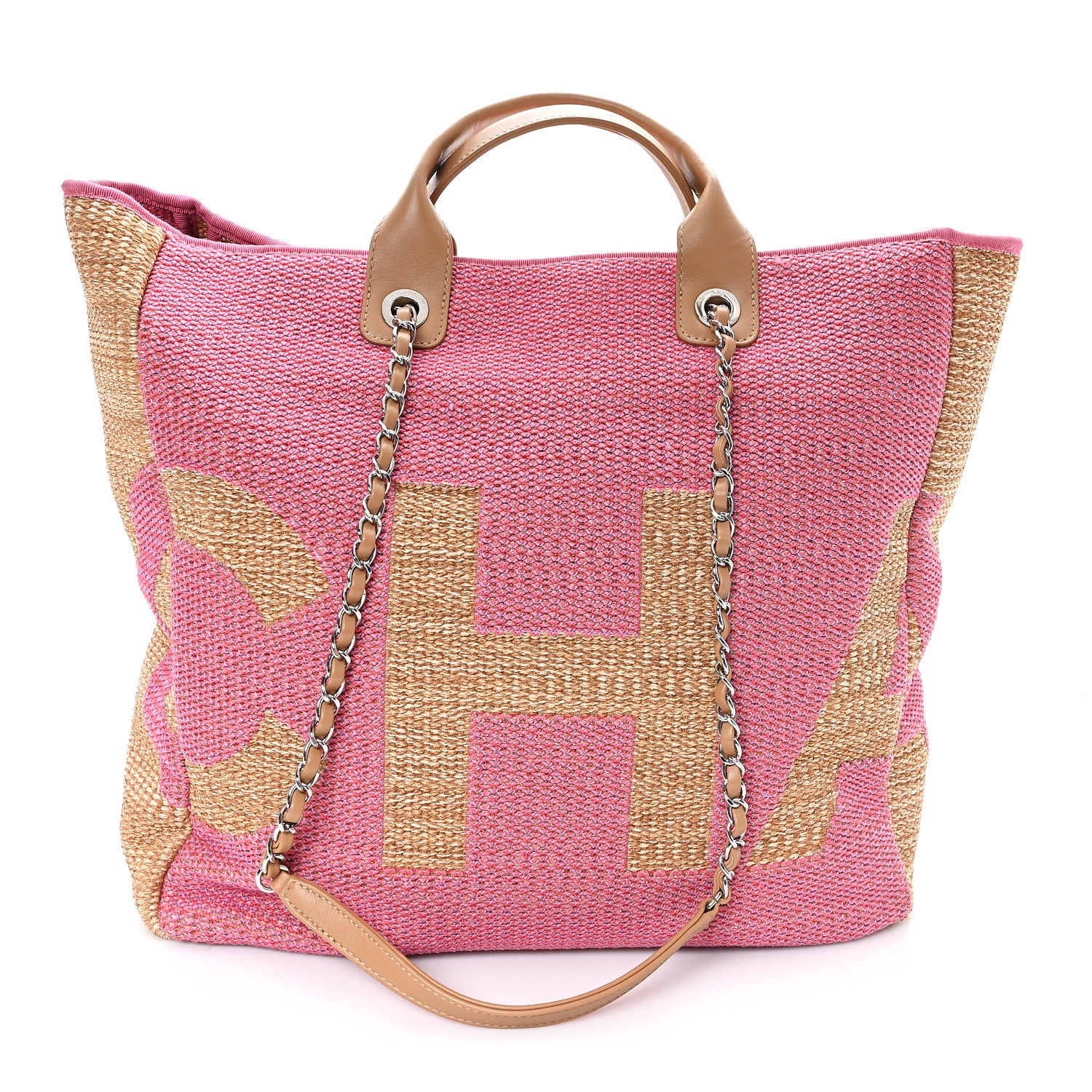 Chanel Woven Straw Raffia Logo Tote Pink Beige 1 of 10