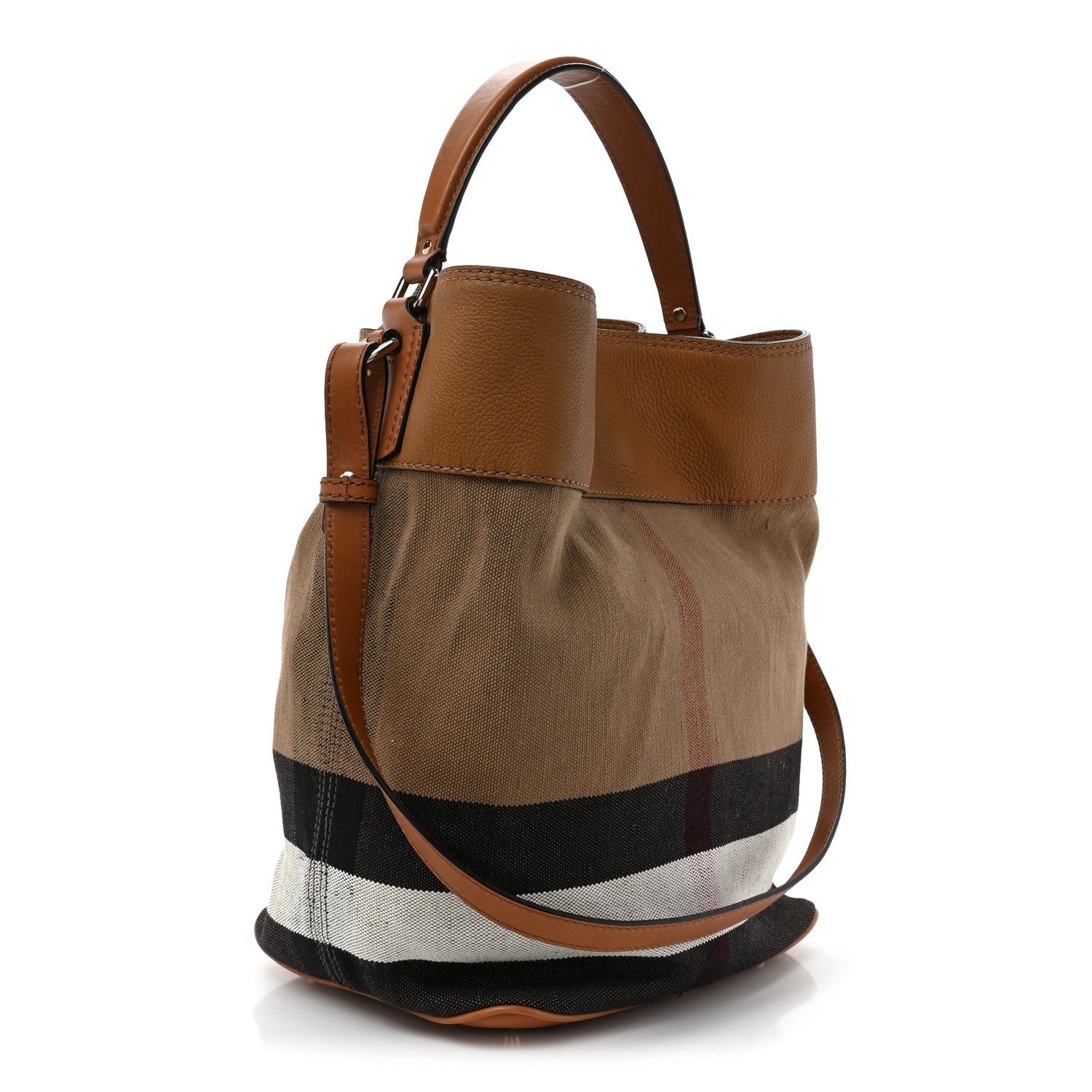 Burberry Grainy Calfskin Canvas Mega Check Medium Ashby Tassel Hobo Saddle Brown 3 of 13
