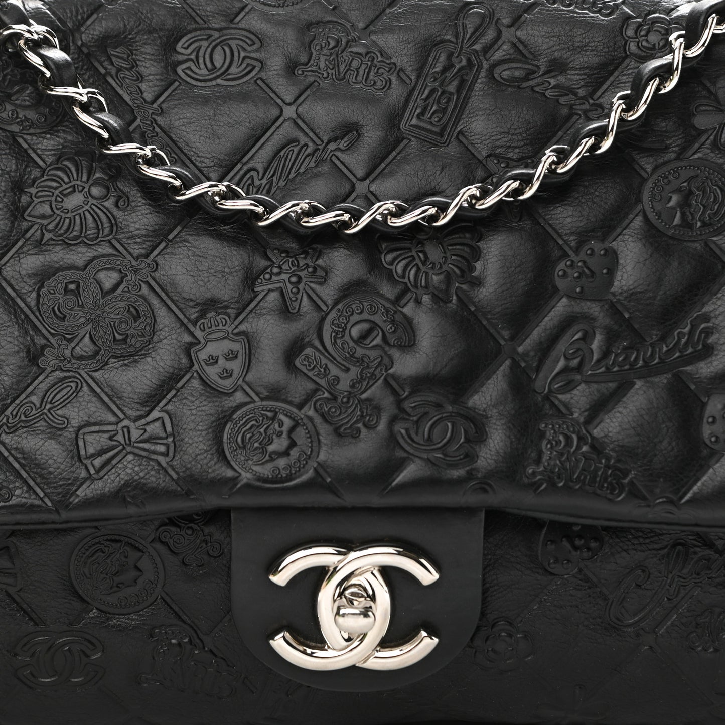 Calfskin Embossed Large Lucky Symbols Flap Black