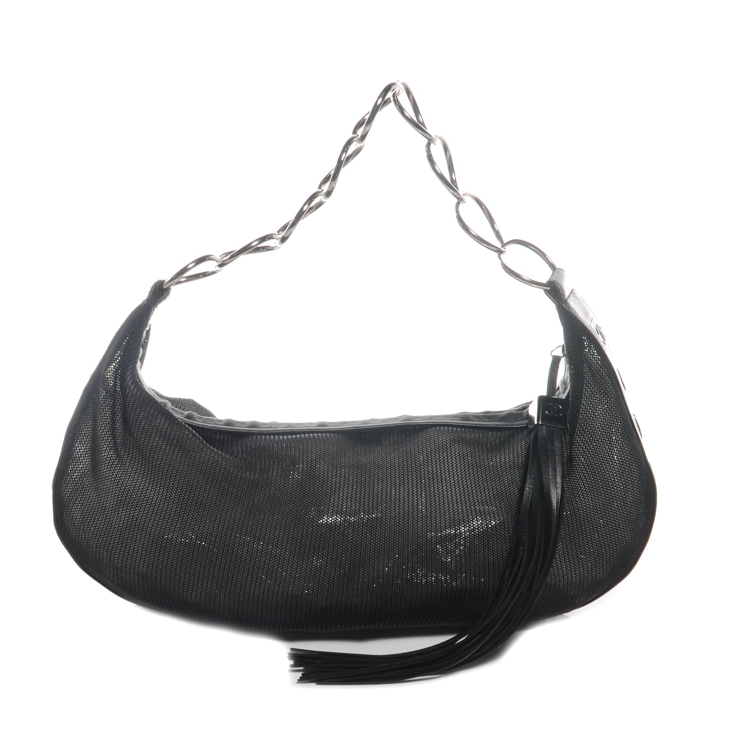 Mesh and Leather Sport Tassel Hobo Black