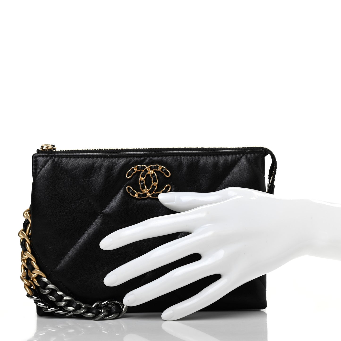 Shiny Goatskin Quilted Small Chanel 19 Pouch With Handle Black