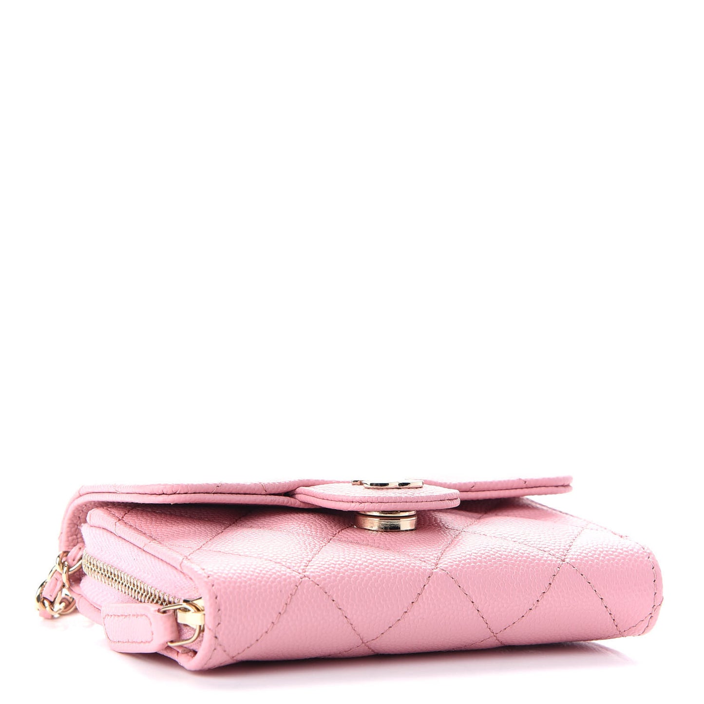 Caviar Quilted Flap Zip Card Holder On Chain Pink