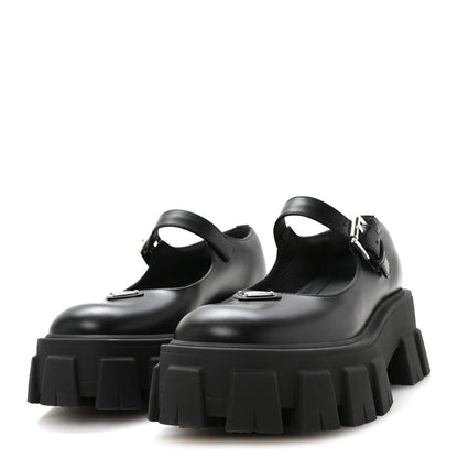 Prada Spazzolato Rois Metal Triangle Logo Monolith 55mm Mary Janes 35.5 Black 4 of 8