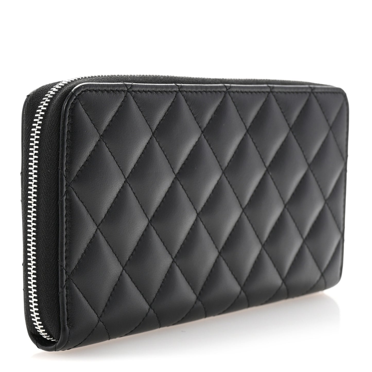 Lambskin Quilted Baguette Crystal Large Gusset Zip Around Wallet Black