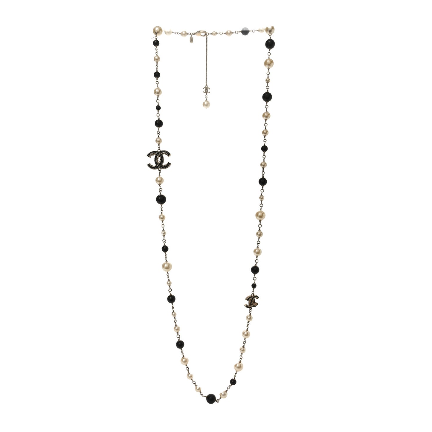 Pearl Enamel Beaded CC Baroque Long Necklace Black White Gold