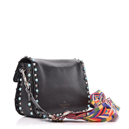 Valentino Garavani Pebbled Calfskin Turquoise Medium Guitar Strap Rockstud Rolling Flap Saddle Bag Black 3 of 17