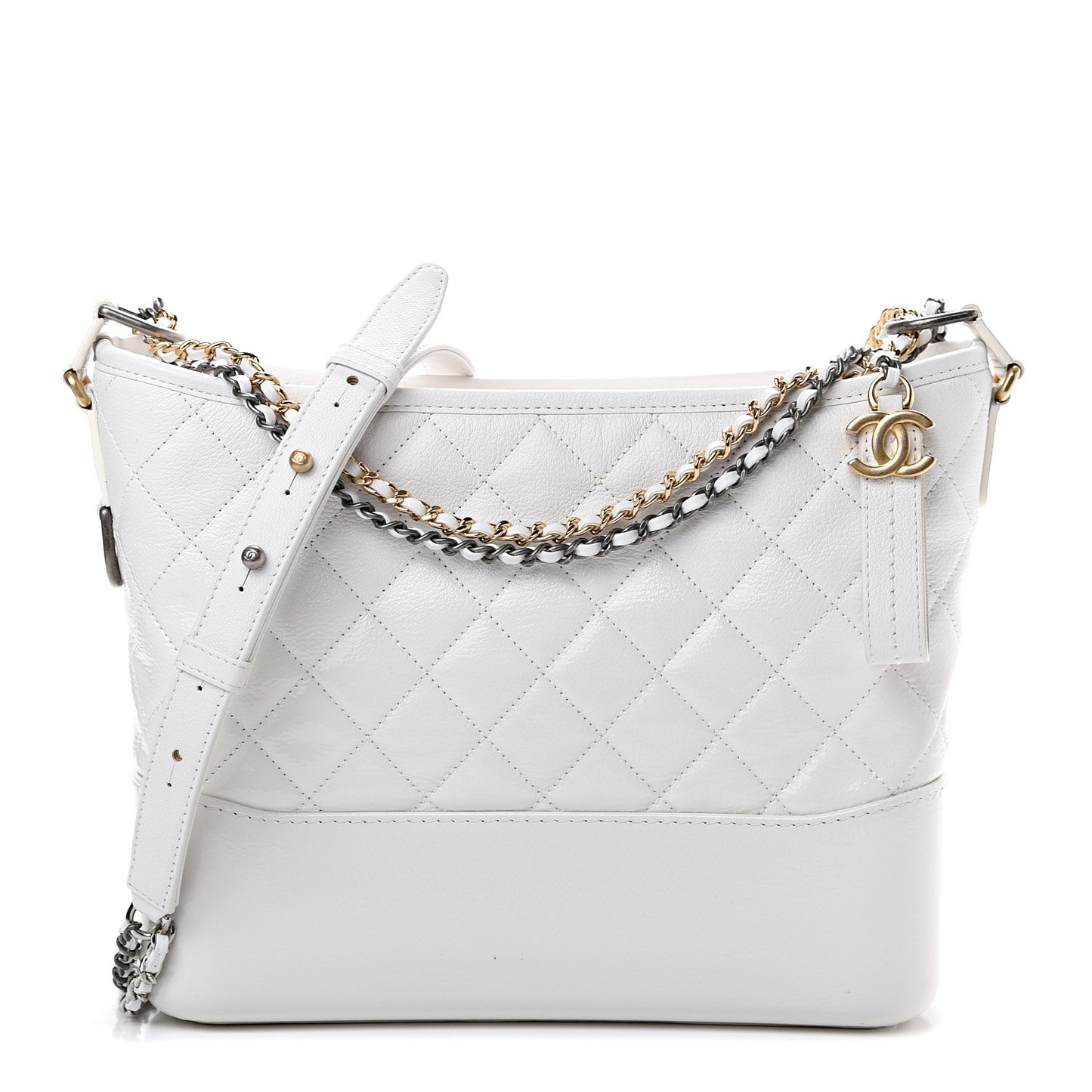 Patent Goatskin Quilted Medium Gabrielle Hobo White