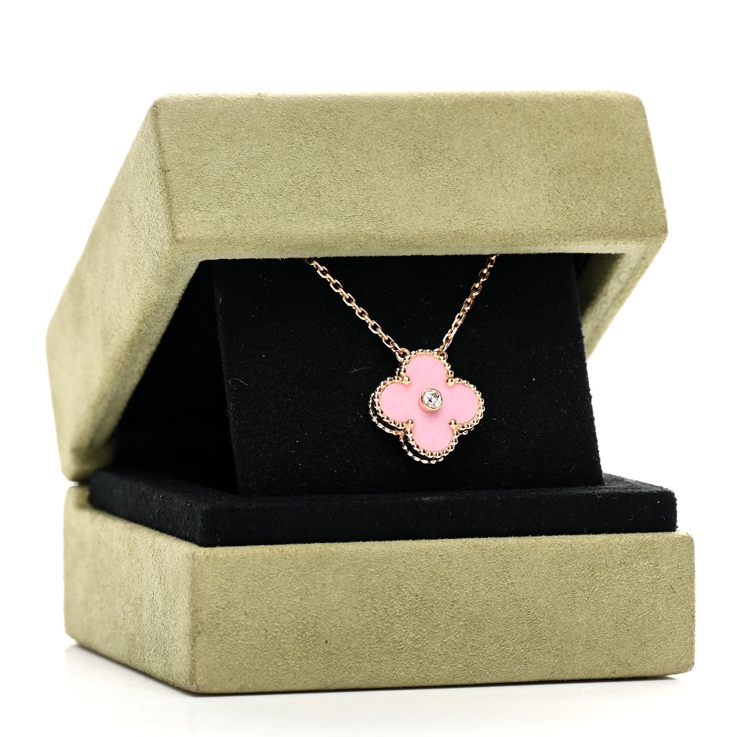 Van Cleef & Arpels 18K Rose Gold Diamond Pink Porcelain Vintage Alhambra Pendant Necklace 6 of 6