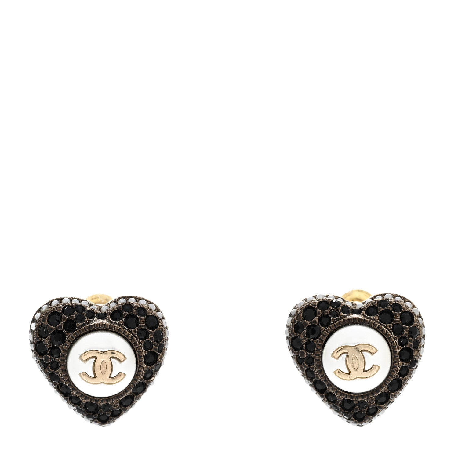 Chanel Pearl Crystal CC Heart Earrings Gold Black 1 of 5