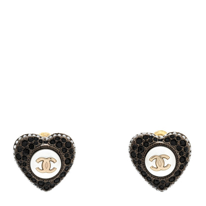 Chanel Pearl Crystal CC Heart Earrings Gold Black 1 of 5