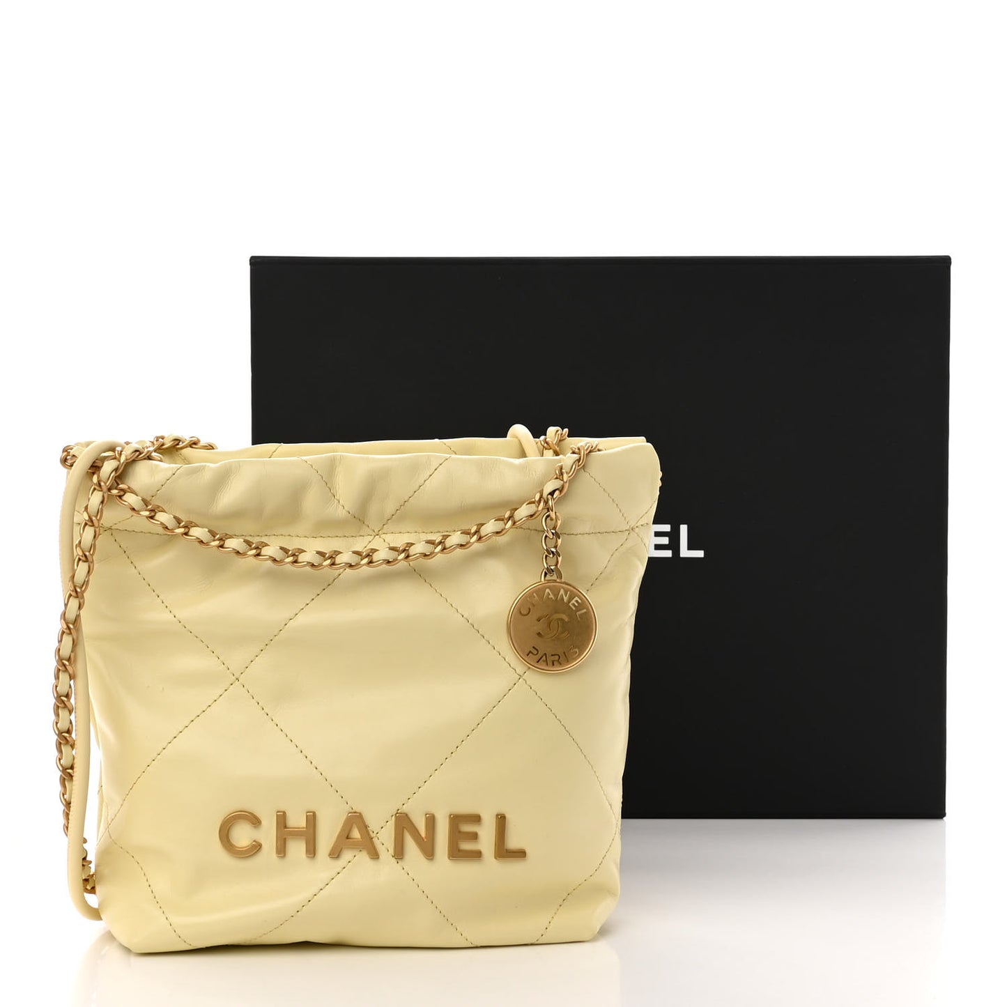 Shiny Calfskin Quilted Mini Chanel 22 Light Yellow