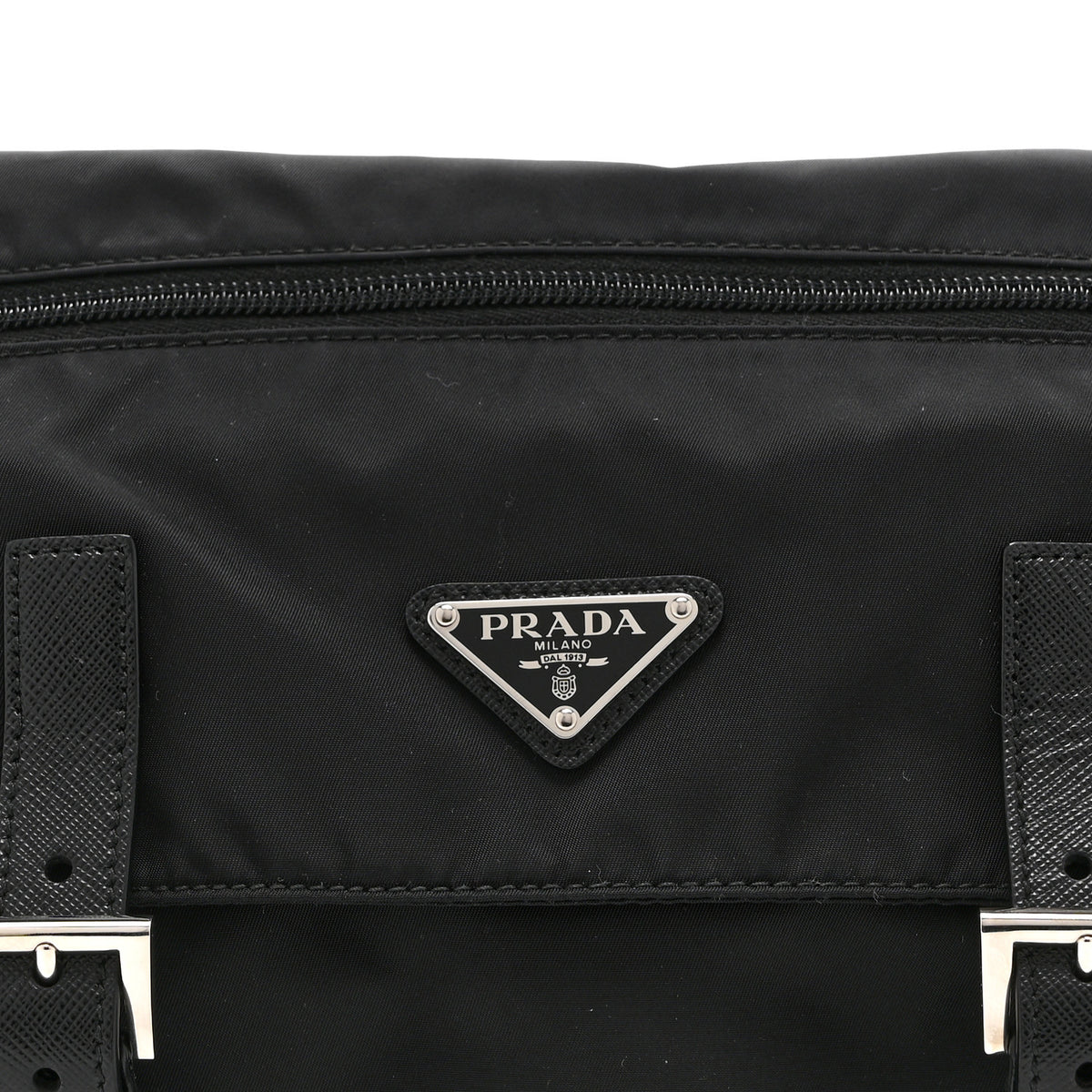 Re-Nylon Vela Saffiano Pocket Double Buckle Messenger Shoulder Bag Black