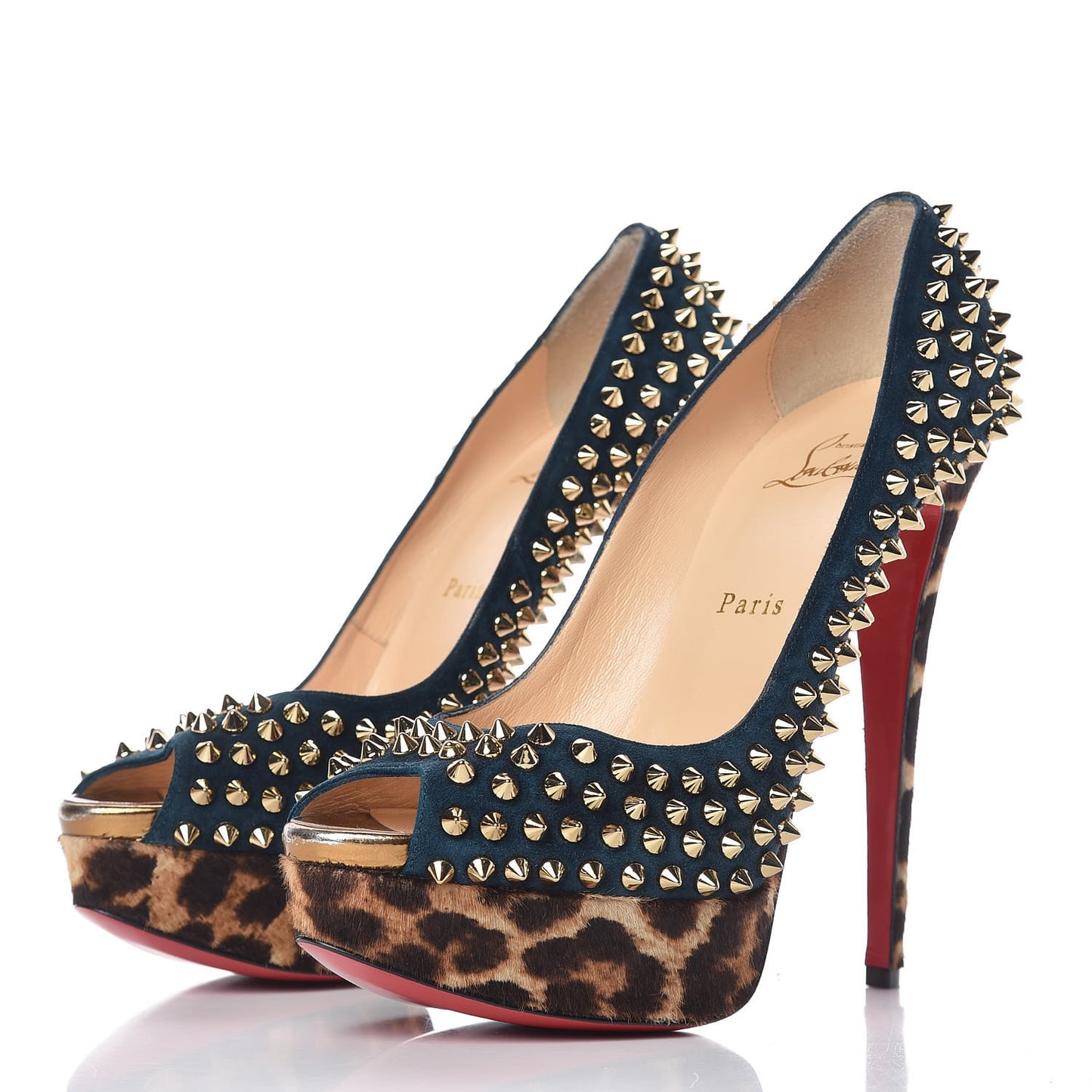 Veau Velours Calf Hair Leopard Lady Peep Spikes VIP 150 Pumps 39.5 Blue Khol Bronze