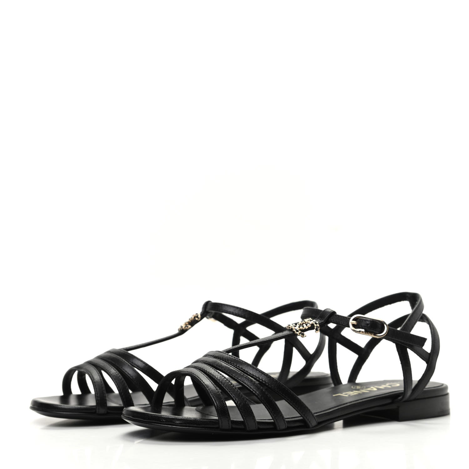 Chanel Calfskin CC Chain Sandals 37.5 Black 3 of 8