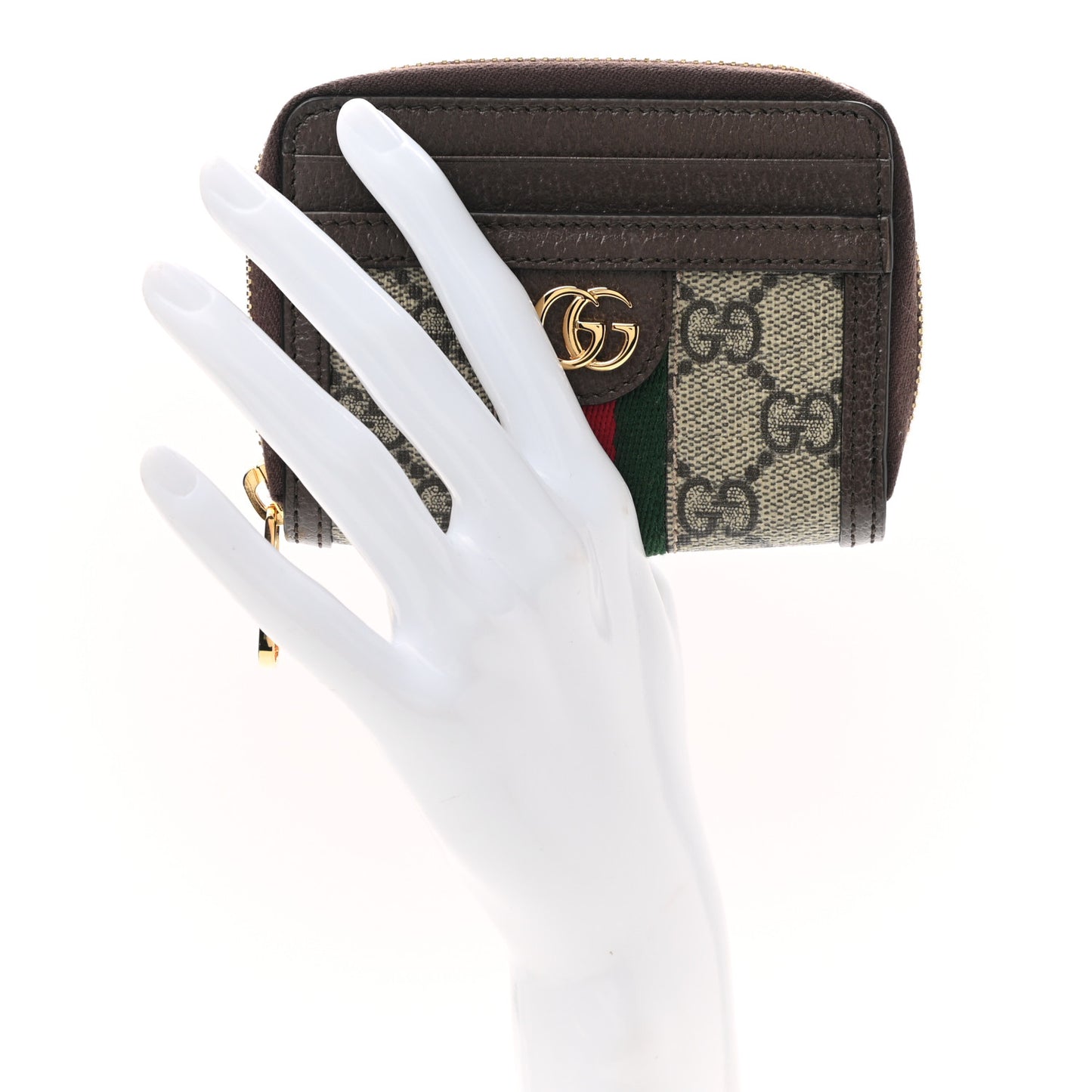 GG Supreme Monogram Textured Dollar Calfskin Web Ophidia Zip Around Card Case Wallet Beige Ebony New Acero