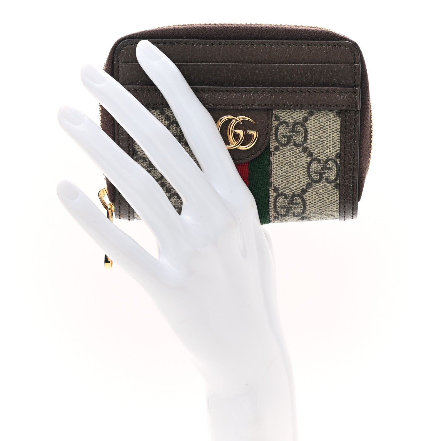 Gucci GG Supreme Monogram Textured Dollar Calfskin Web Ophidia Zip Around Card Case Wallet Beige Ebony New Acero 2 of 8