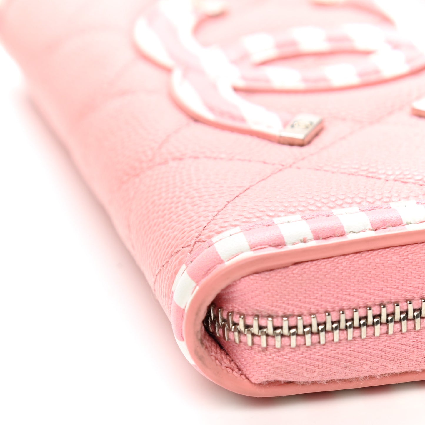 Caviar Quilted Medium Stripe Filigree Zip Around Wallet Pink White