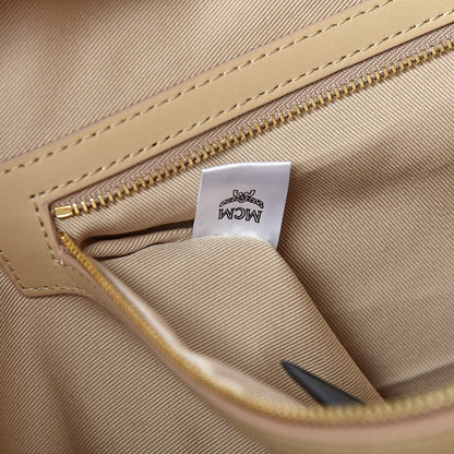 MCM Visetos Spot Stripped Medium Shopping Tote Beige White 7 of 10