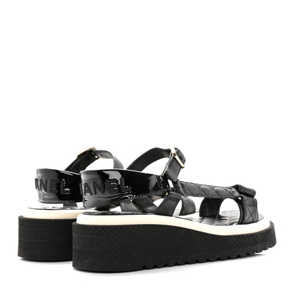 Chanel Lambskin Patent Logo Platform Sandals 37 Black White 4 of 12