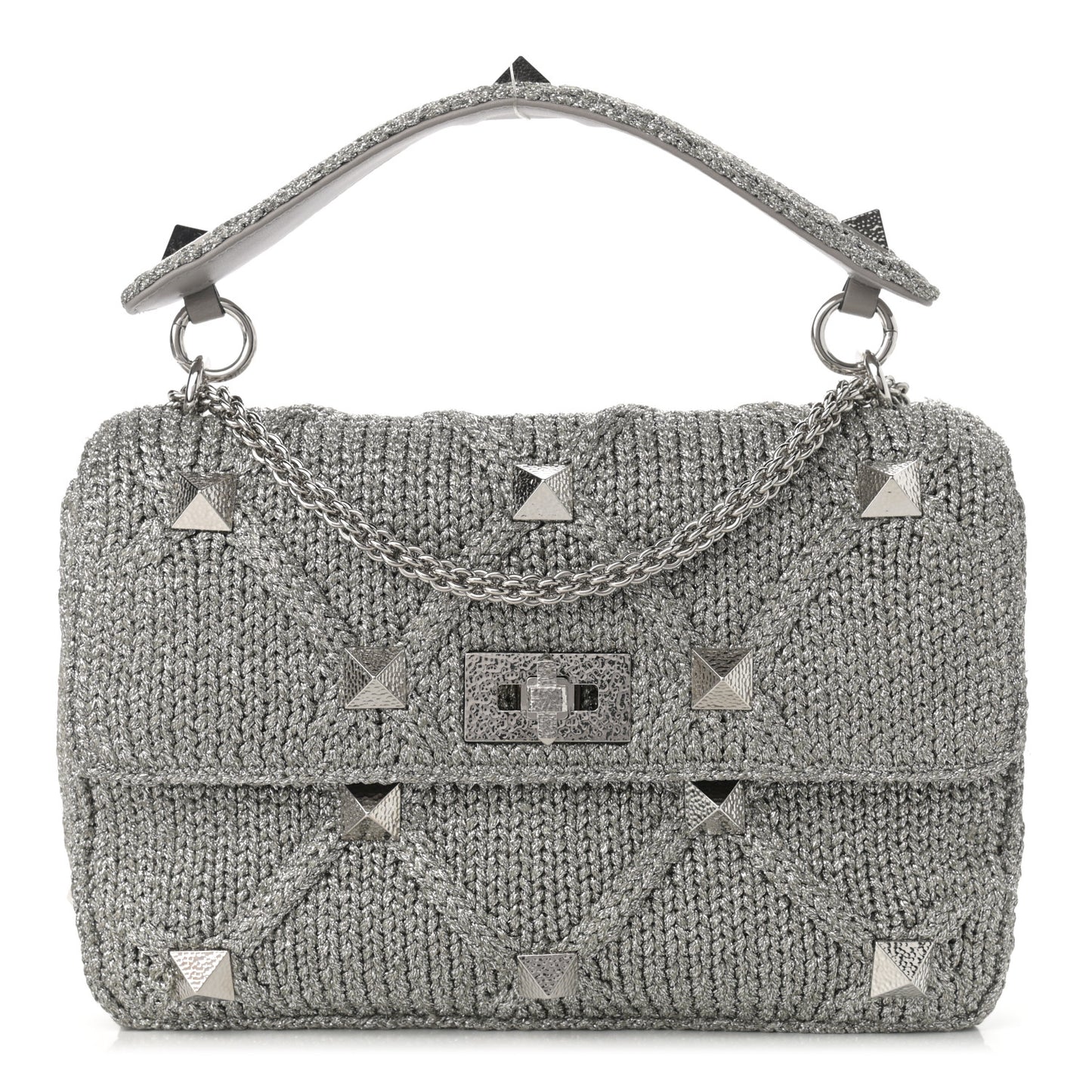 Metallic Lurex Knit Large Roman Stud Shoulder Bag Silver