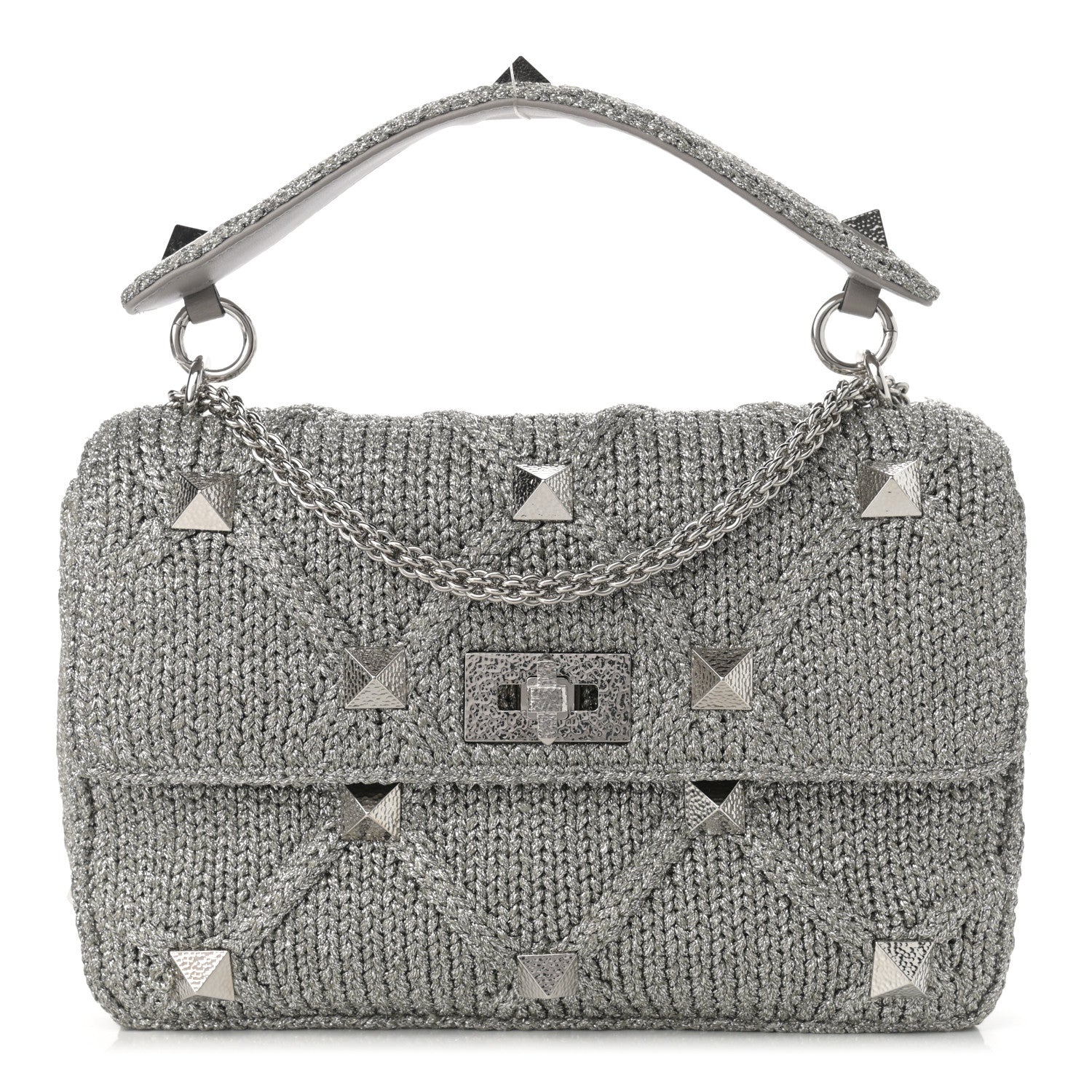 Valentino Garavani Metallic Lurex Knit Large Roman Stud Shoulder Bag Silver 1 of 12
