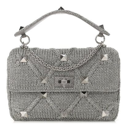 Valentino Garavani Metallic Lurex Knit Large Roman Stud Shoulder Bag Silver 1 of 12