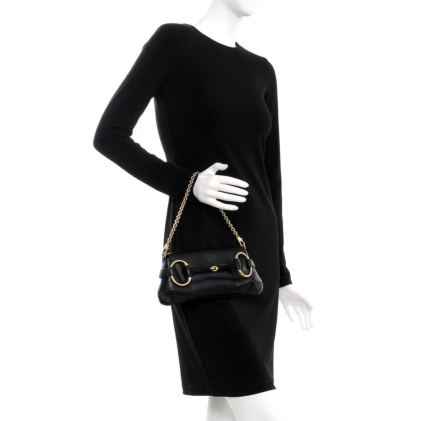 Textured Calfskin Horsebit Chain Clutch Black
