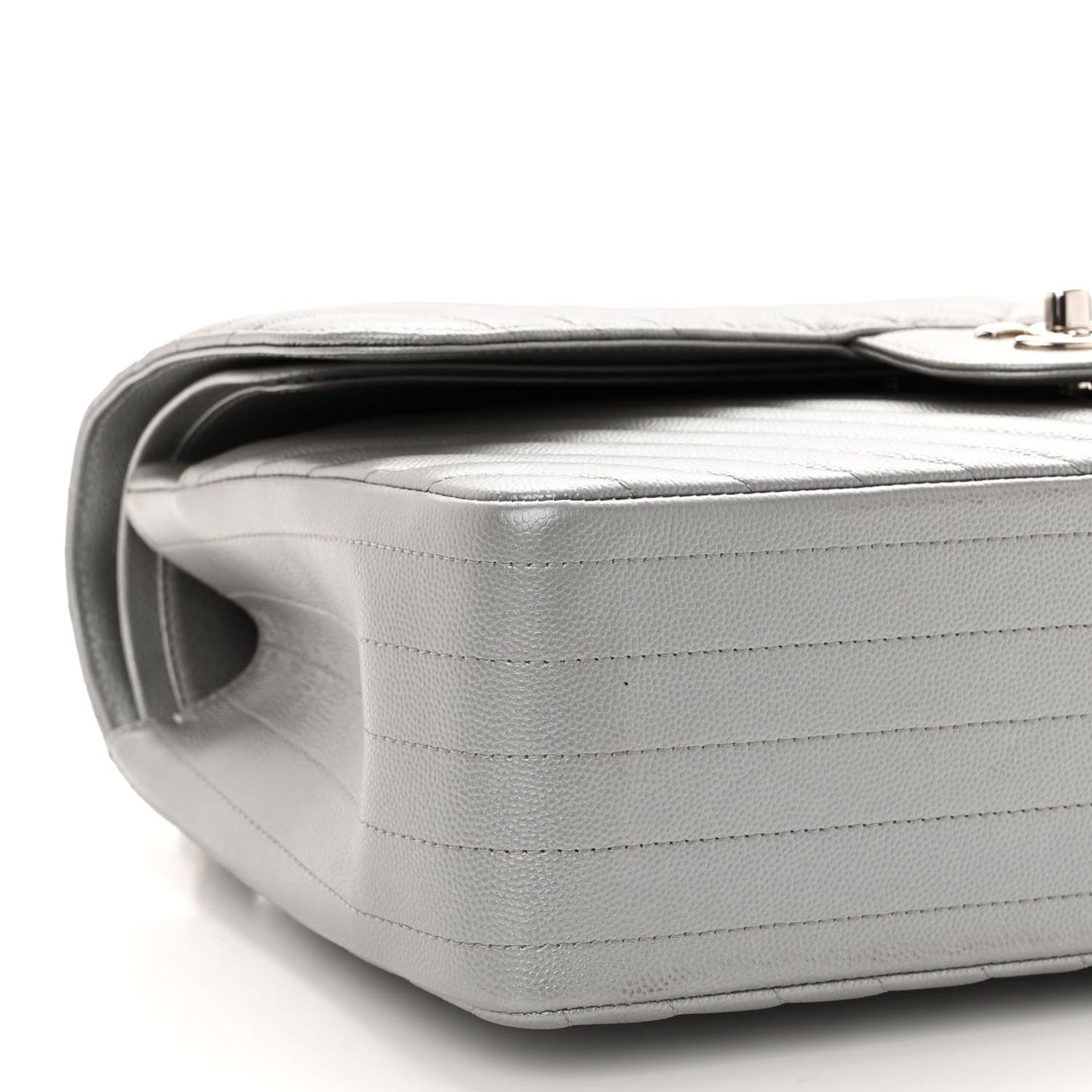 Metallic Caviar Chevron Quilted Jumbo Double Flap Silver