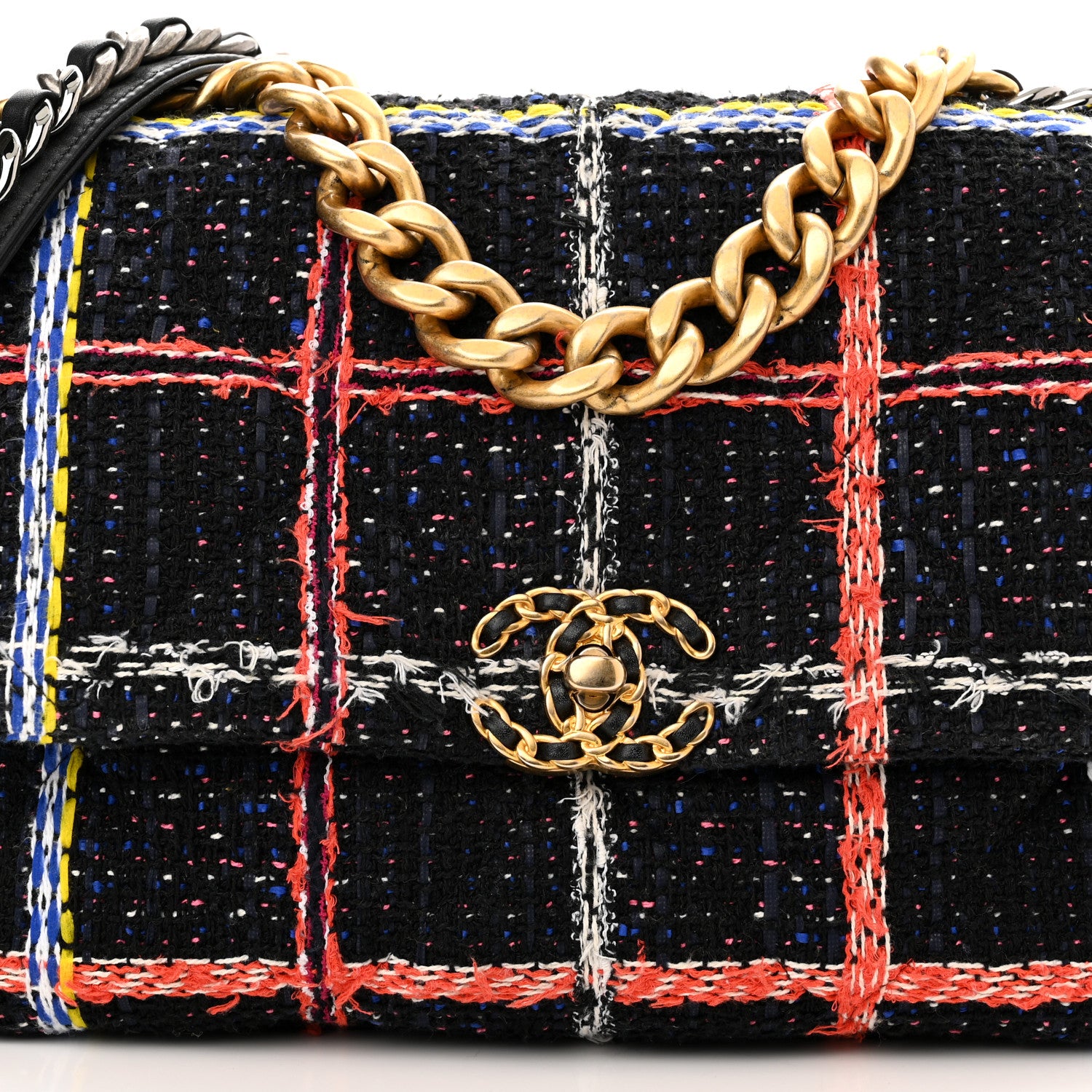 Chanel Tweed Quilted Large Chanel 19 Flap Black Orange Blue 7 of 10