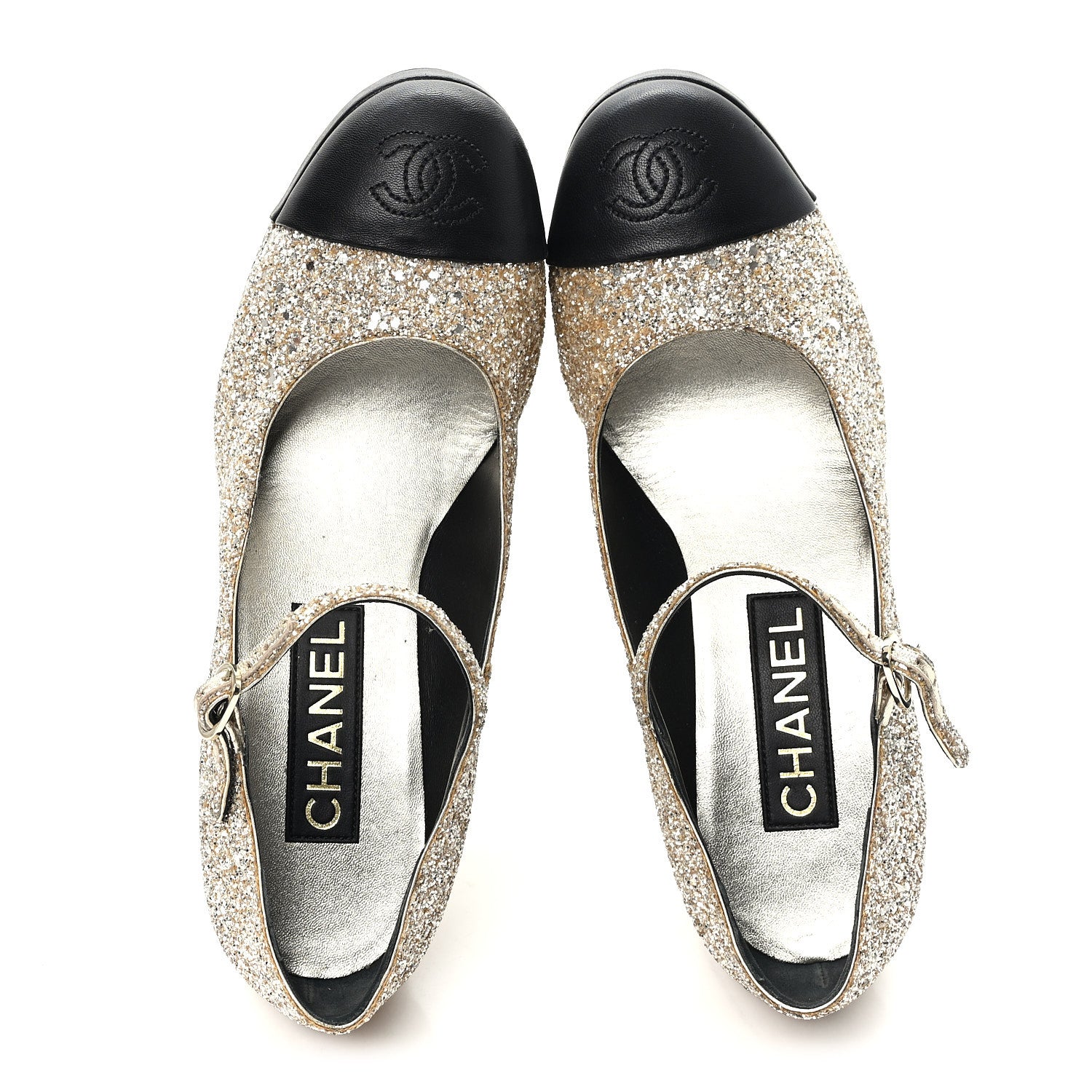 Chanel Glitter Lambskin Cap Toe CC Mary Jane Pumps 37.5 Light Gold Black 2 of 9