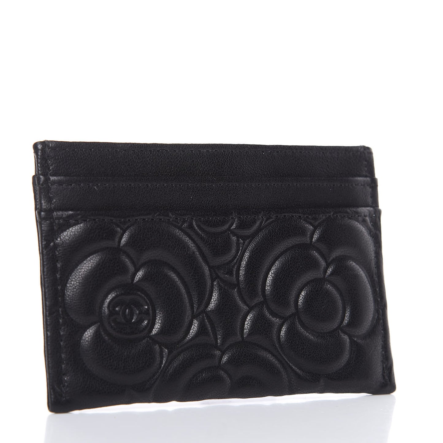 Lambskin Camellia Embossed Card Holder Black