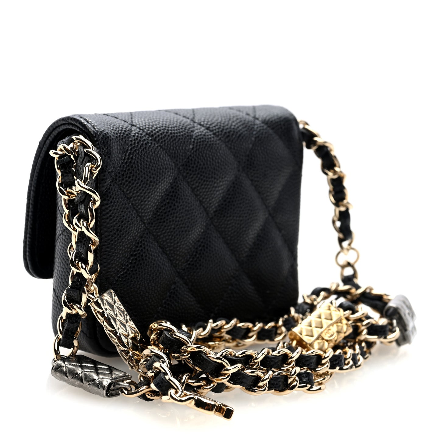 Caviar Quilted Belt Bag With Charms On Chain Black