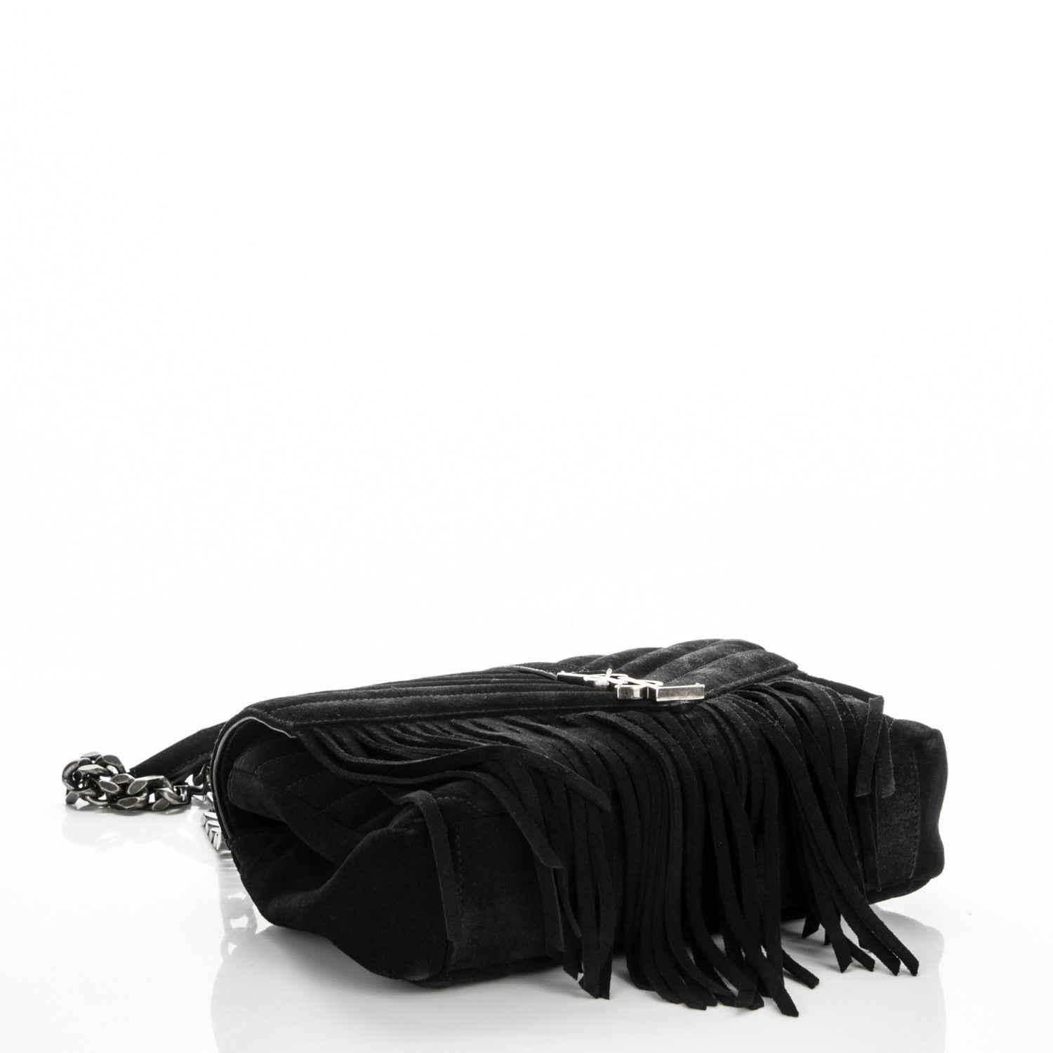 Saint Laurent Suede Matelasse Chevron Fringe Monogram Medium College Bag Black 4 of 6