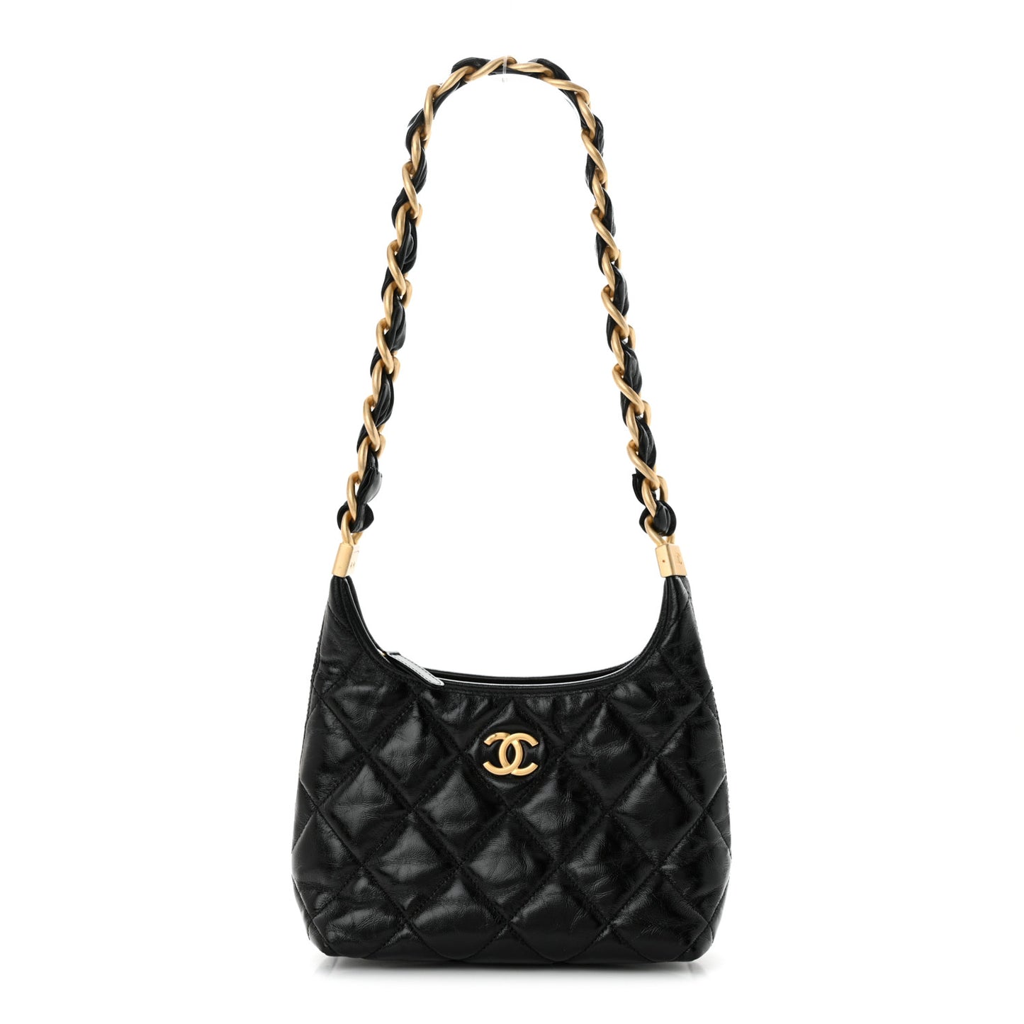 Shiny Crumpled Lambskin Quilted Small CC Funky Town Hobo Black