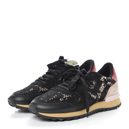 Valentino Garavani Macrame Lace Suede Womens Rockrunner Sneakers 37 Black 3 of 8