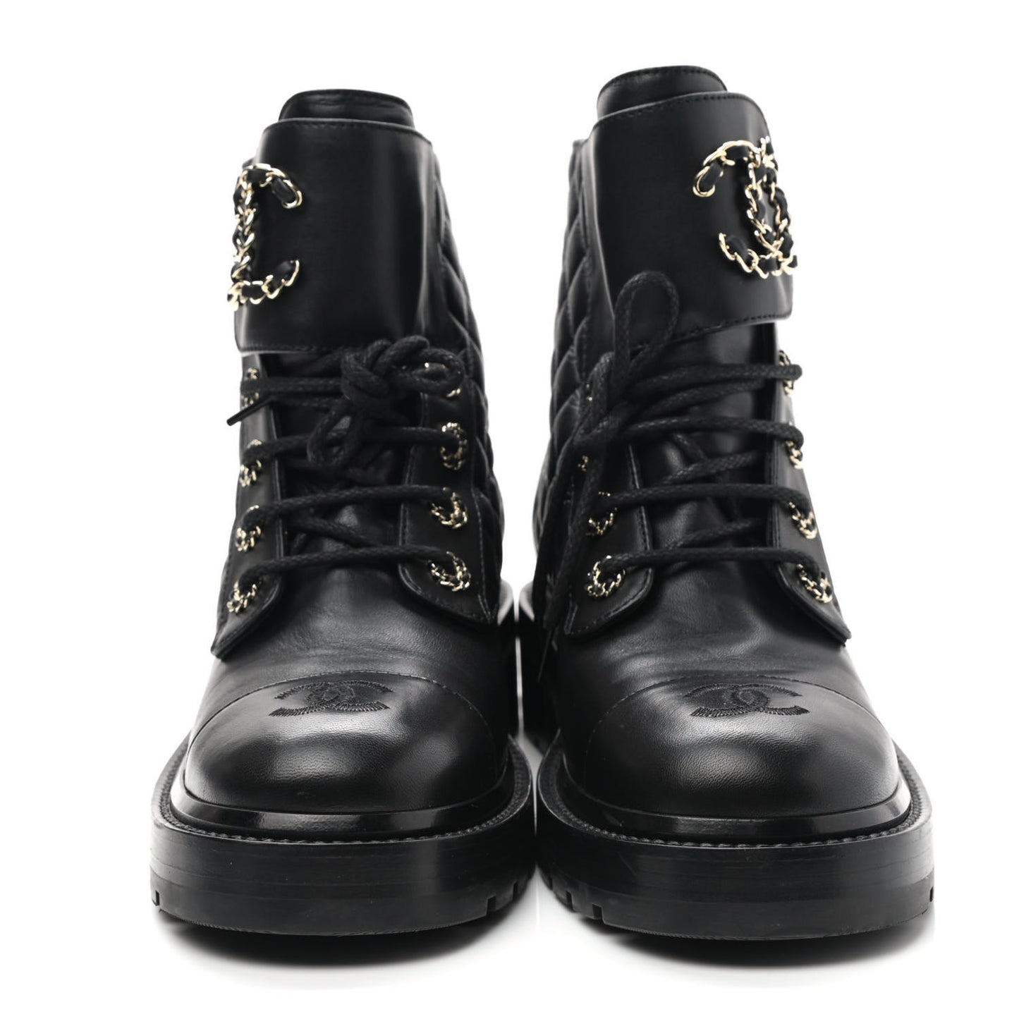 Shiny Lambskin Quilted Lace Up Combat Boots 38.5 Black