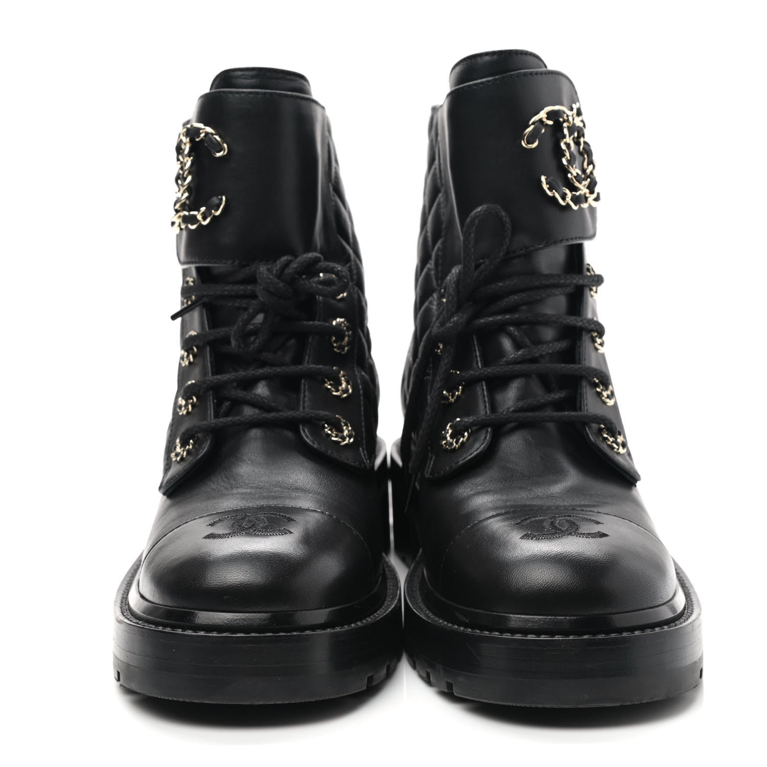 Chanel Shiny Lambskin Quilted Lace Up Combat Boots 38.5 Black 2 of 8