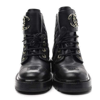 Chanel Shiny Lambskin Quilted Lace Up Combat Boots 38.5 Black 2 of 8
