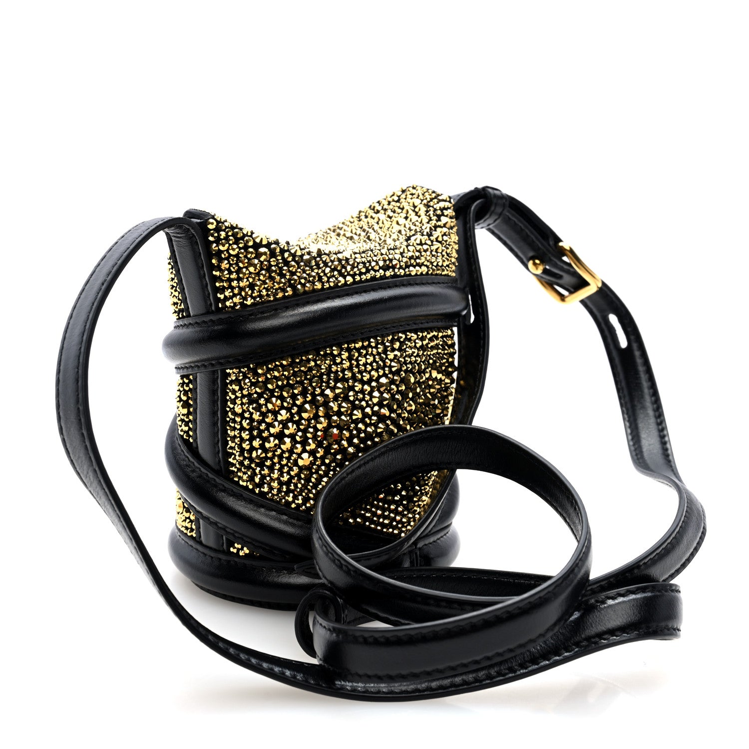 Alexander McQueen Calfskin Crystal Micro Curve Bucket Bag Black