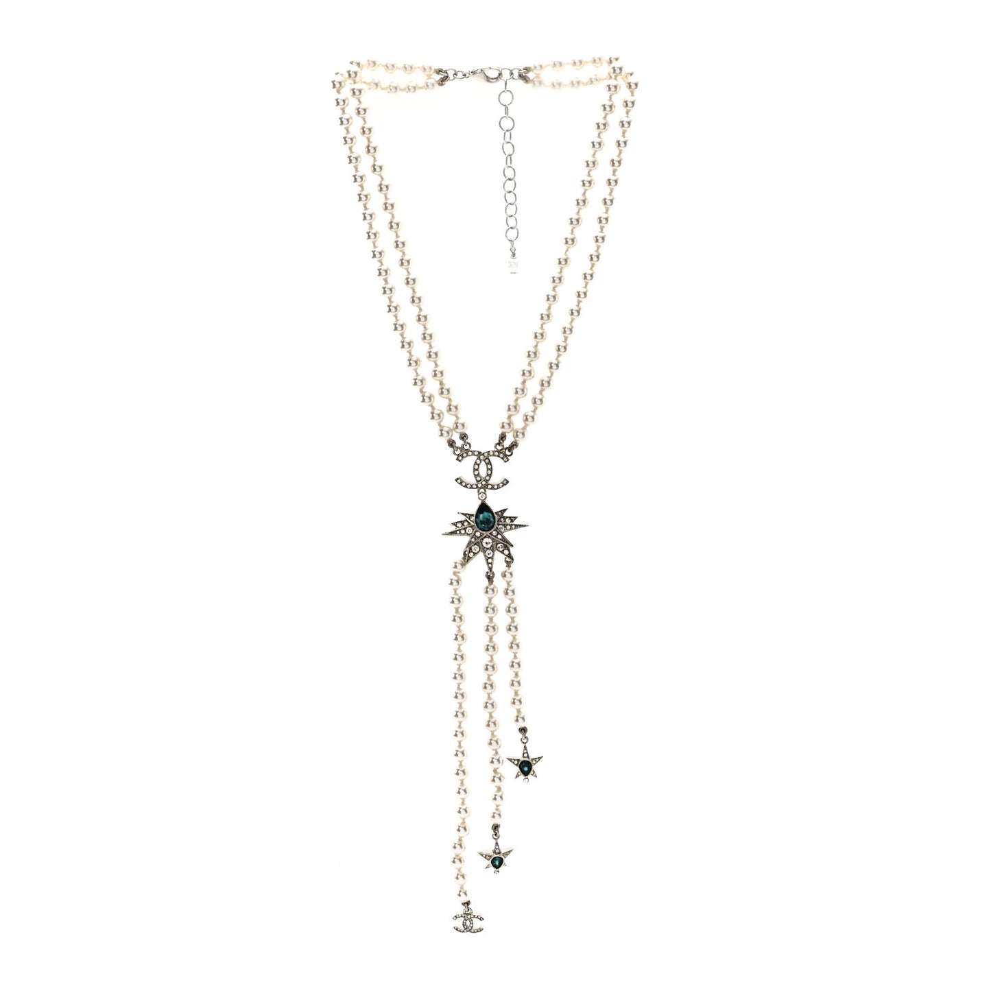 Pearl Crystal Star CC Drop Long Necklace Green White Silver