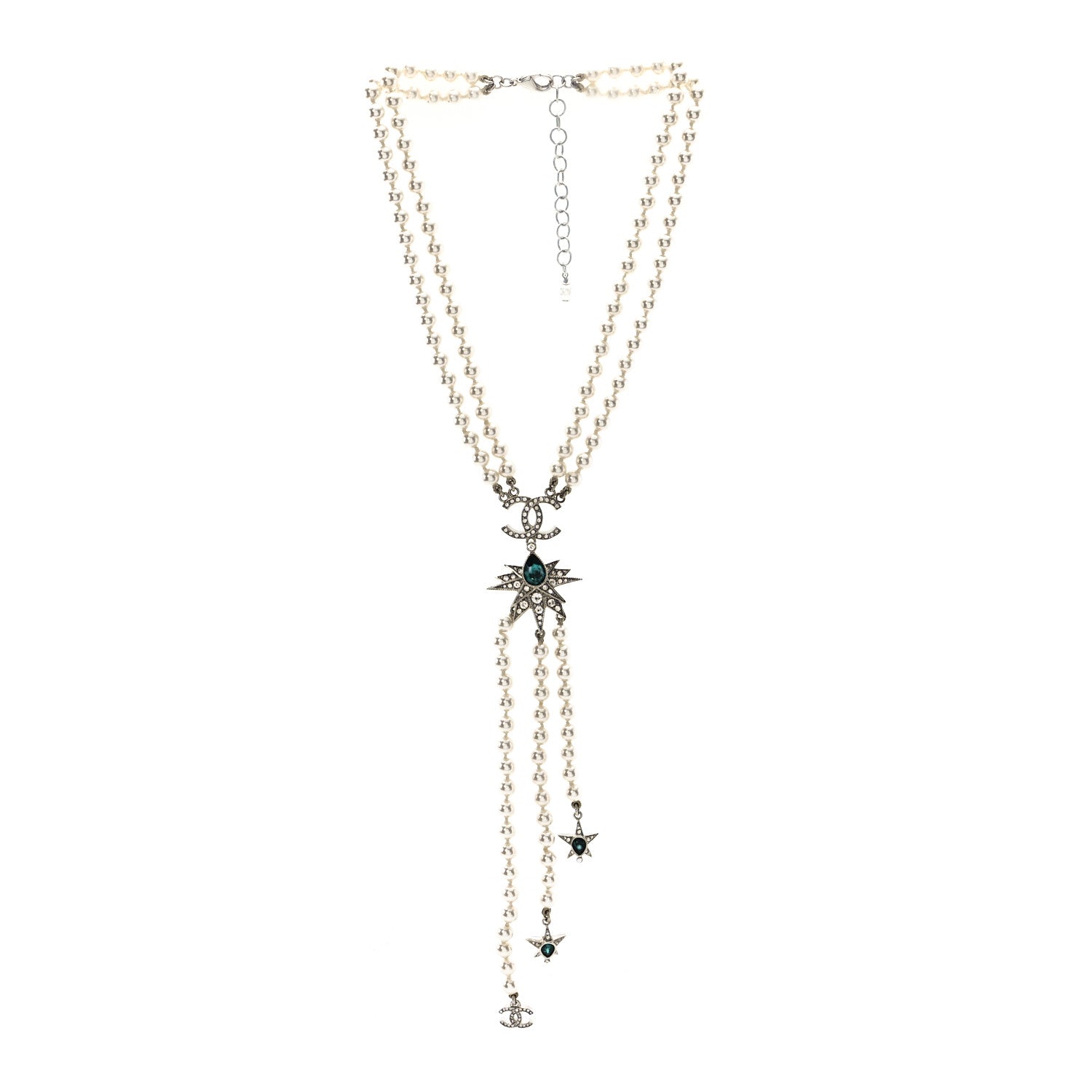 Chanel Pearl Crystal Star CC Drop Long Necklace Green White Silver 1 of 5