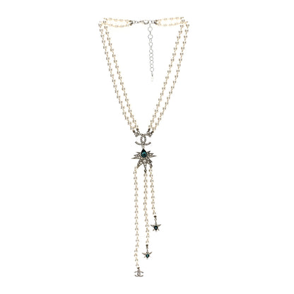 Chanel Pearl Crystal Star CC Drop Long Necklace Green White Silver 1 of 5