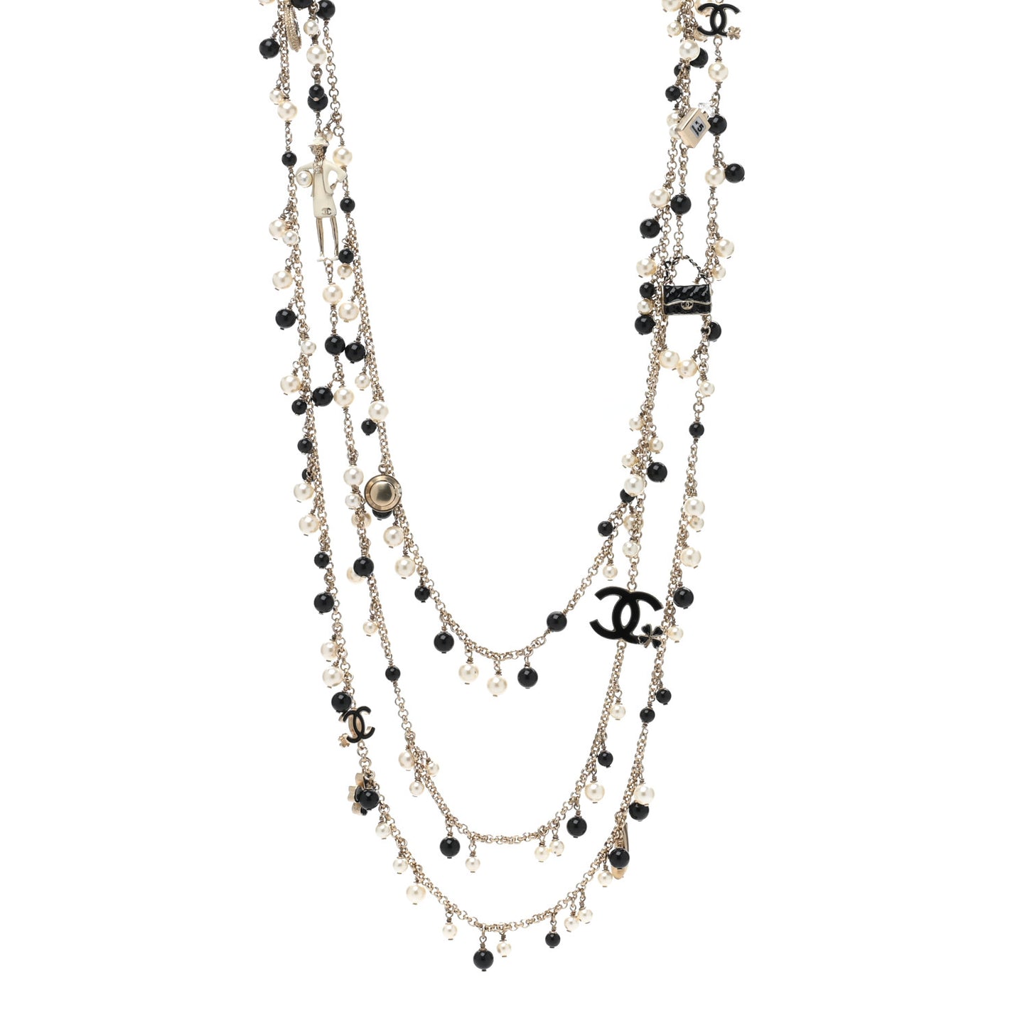 Pearl Enamel CC Clover Multi Strand Long Necklace Gold Black