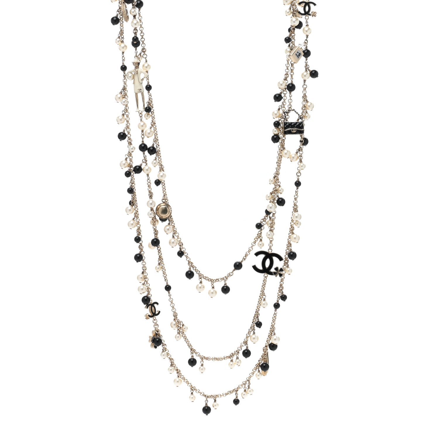 Chanel Pearl Enamel CC Clover Multi Strand Long Necklace Gold Black 1 of 4