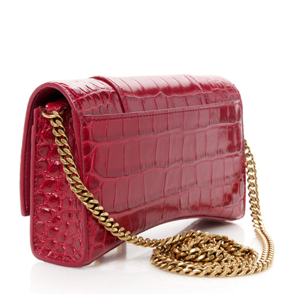 Balenciaga Shiny Calfskin Crocodile Embossed Hourglass Chain Bag Dark Red 3 of 11