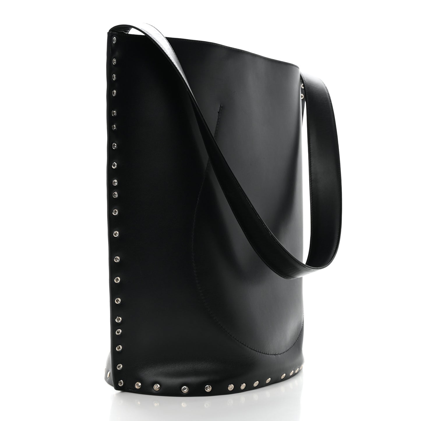Satinated Natural Calfskin Large Studs Bucket Shoulder Bag Black