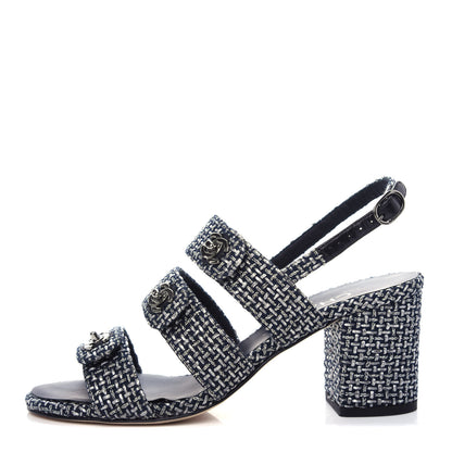 Chanel Tweed Lambskin CC Turnlock Sandals 38 Grey Silver Black 1 of 11