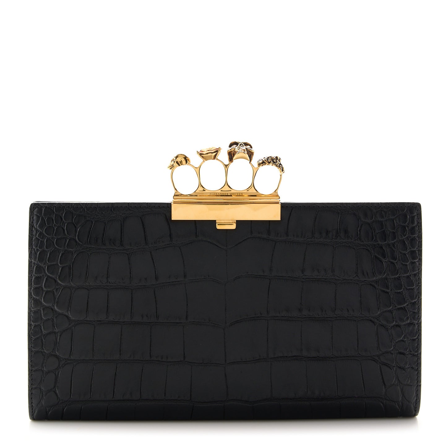 Calfskin Crocodile Embossed Knuckle Flat Clutch Black Gold